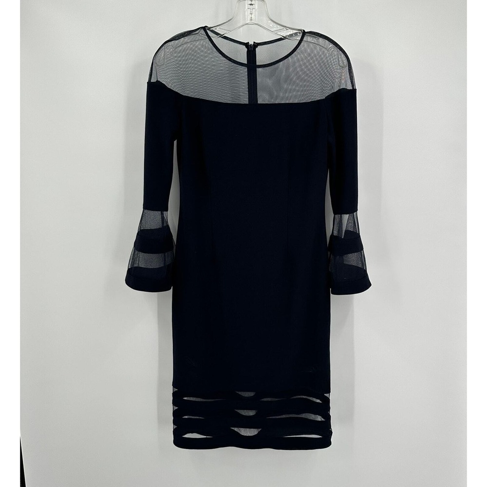 Betsy & Adam Womens Illusion Evening Cocktail Dress Sz 6 Minimalist Bell Sleeve